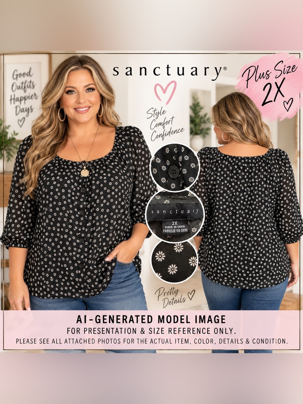 Sanctuary Black Daisy Floral Button Front Blouse 2X Plus Size
